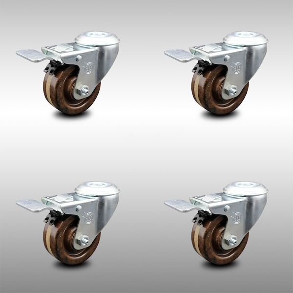 3 Inch SS High Temp Phenolic Swivel Bolt Hole Caster Set with Total Lock Brake